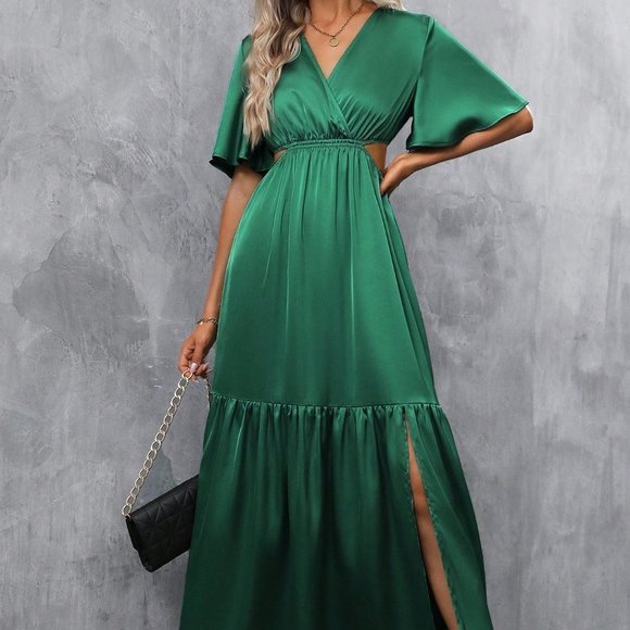 . Dresses & Skirts - Green Preppy Womens Butterfly Sleeve Cut Out Waist Ruffle Hem Dress